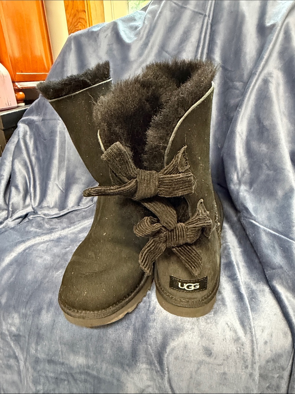 UGG Black Suede Shearling Boots with Back Bows